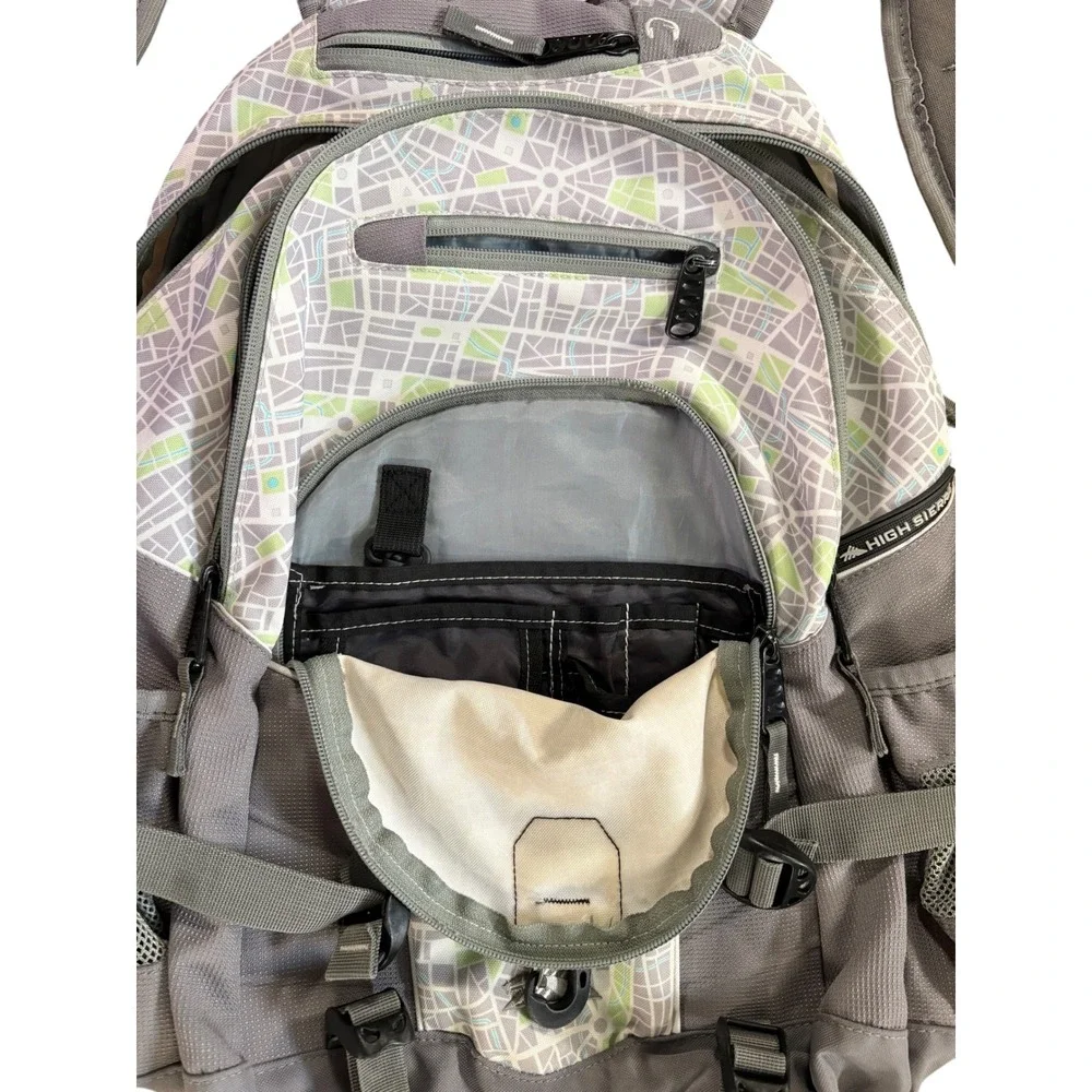 High Sierra Gray Map Print Multi Pocket Hiking Travel Backpack